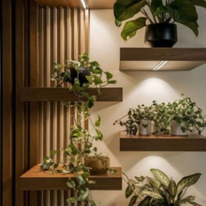 Repisas flotantes de madera con iluminación LED y plantas decorativas para un diseño de interiores moderno y acogedor.